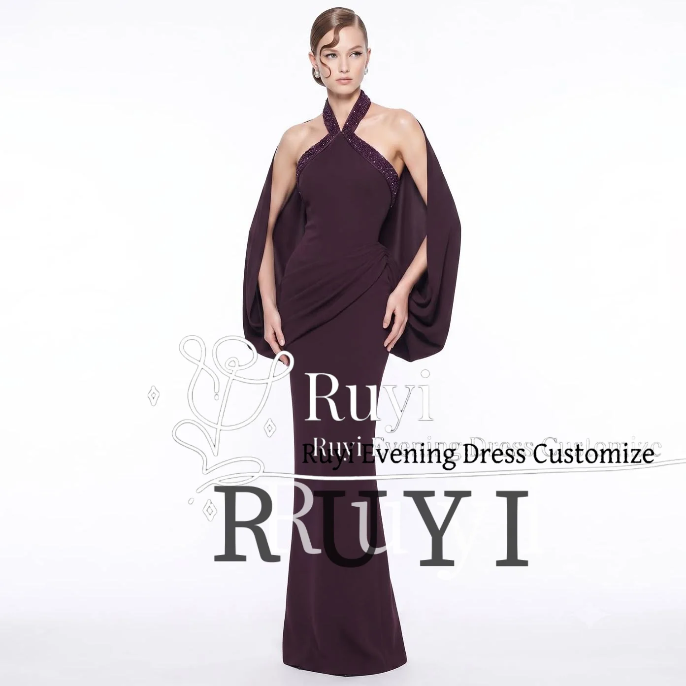 Customized Halter Beaded Evening Dresses With Cape Sleeves Mermaid Long Formal Gowns Back Slit Mother Of The Bride Party Dress