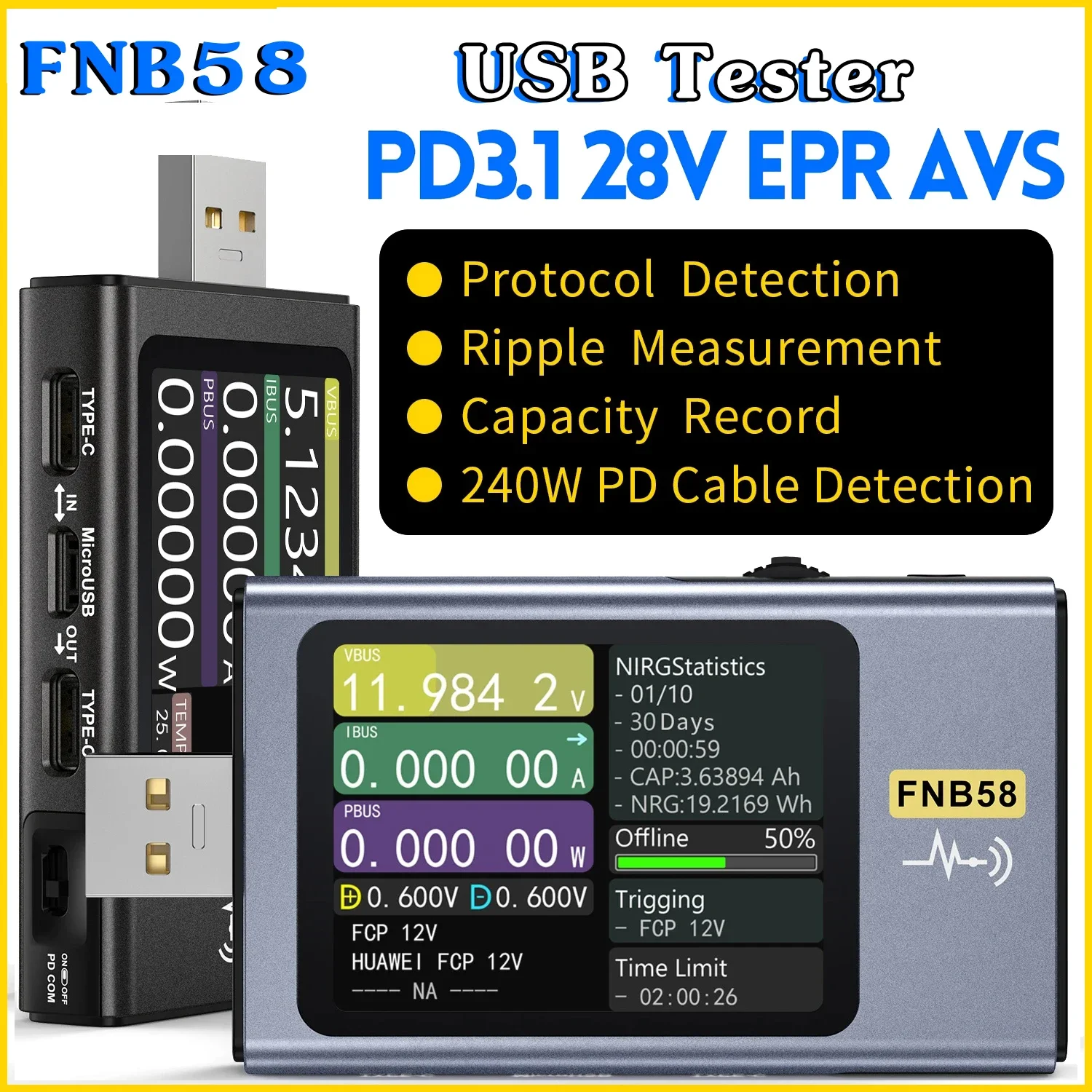 FNIRSI FNB58 USB Tester Voltmeter Ammeter TYPE-C Fast Charge Detection Trigger Capacity Measurement Ripple Measurement