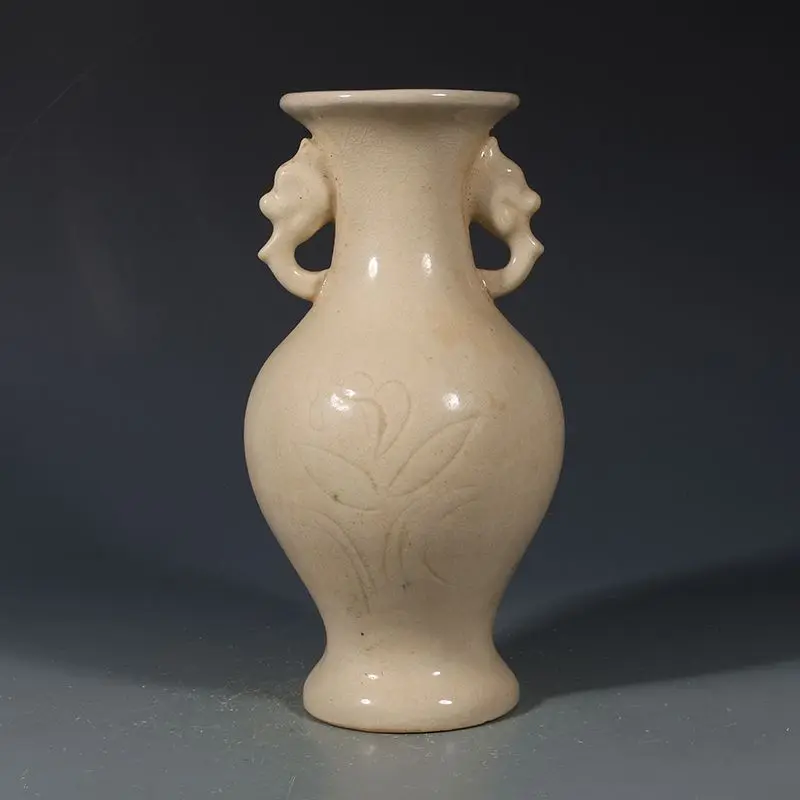 Song Style Ding Kiln Ivory White Crackled Porcelain Carved Orchid Double Elephant Head Ear Vase Chinese Table Decor