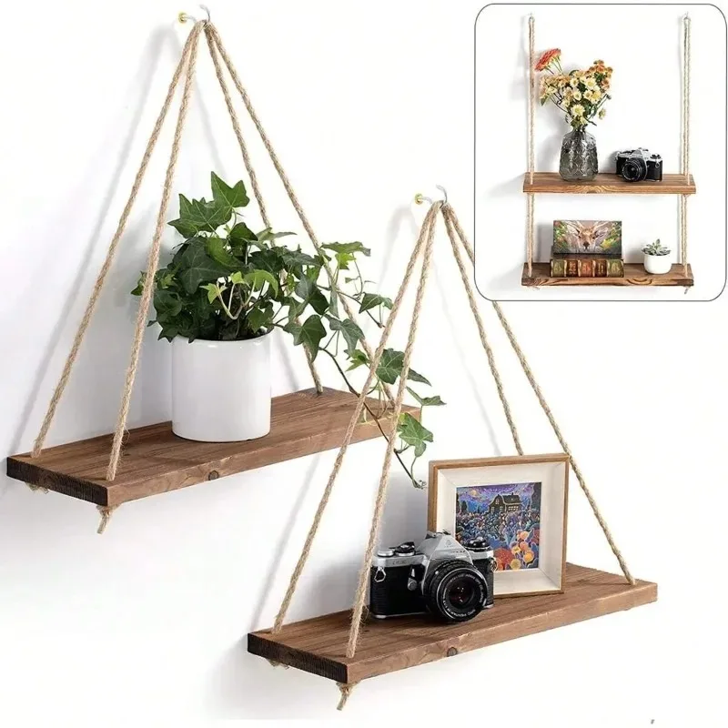Wooden Swing Shelf Hanging Rope Wall Mounted Floating Shelf for Plants Flower Pot Holder Storage Tray Home Decor Organizer