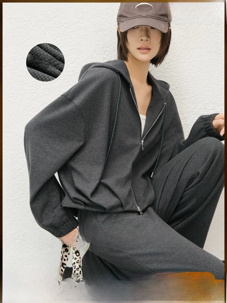 

Meiyang Volcanic Rock Casual Set Fleece Lined Hooded Jacket Long Pants Warmth Guaranteed Friday Wear Polyester Fiber High Waist