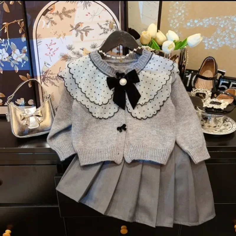 

Girls Set 2025 Spring Autumn Fashion Trendy Bow Patchwork Knit Cardigan Solid Color Pleated Skirt Two Piece Set