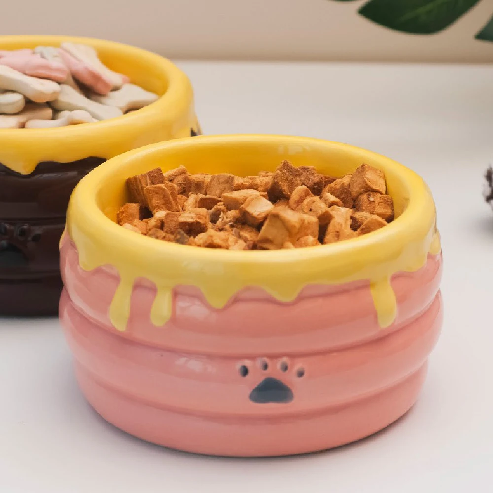 Ceramic cat/dog bowl, pet bowl, high footed honey pot shape, deep mouthed large capacity anti spill ceramic water bowl