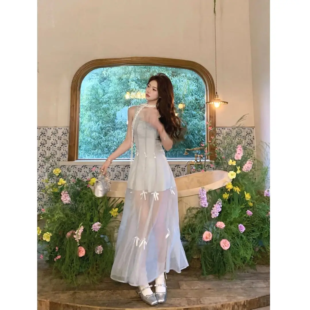 보타이 스트랩 허리 조이는 슬림핏 메쉬 캐미 드레스