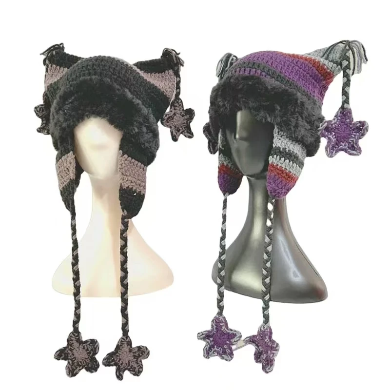 

Новая шапка с пентаграммой Skullies, женская осенне-зимняя теплая защита ушей, вязаная шапка ручной работы, шапка в полоску с кошачьими ушками