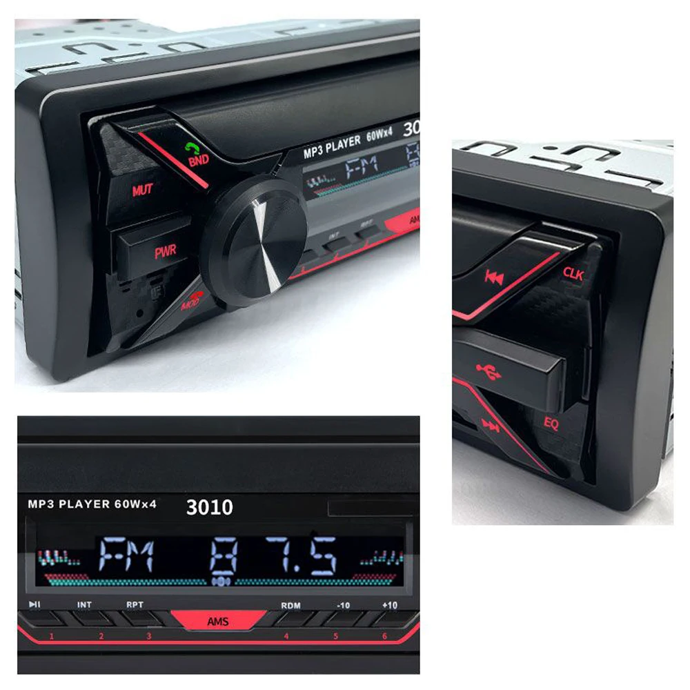 Hippcron-Autoradio stéréo Bluetooth avec lumières colorées, lecteur MP3, récepteur FM, AUX, USB, carte TF, kit de tableau de bord, 60W x 4, 1Din