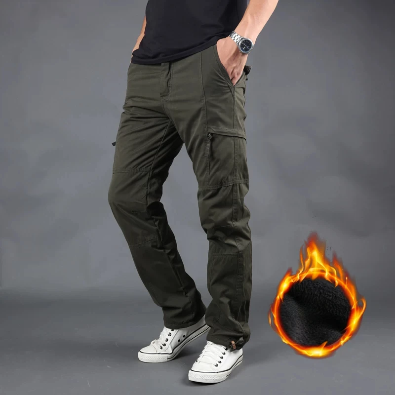 Men's Outdoor Fleece Lined Cargo Pants Winter Windproof Thick Softshell Trousers Warm Hiking Mountaineering Work Pants