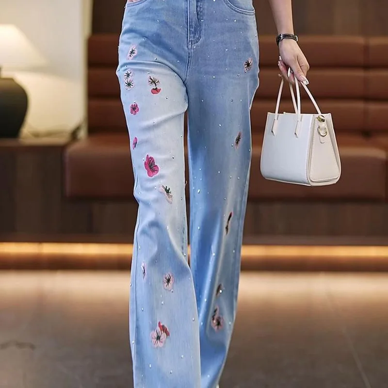 Calça feminina de perna larga, cintura alta, perna reta bordada, calça jeans fina feminina, combina com tudo, moda verão, nova, 2024