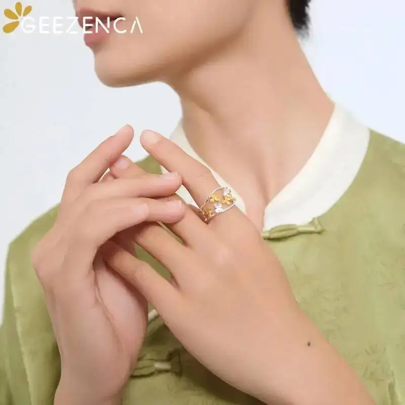 GEEZENCA 925 Sterling Silver Two Tone Osmanthus Flower Open Ring For Women Hollow Craft Cute Unique Chic Rings 2024 New Gift
