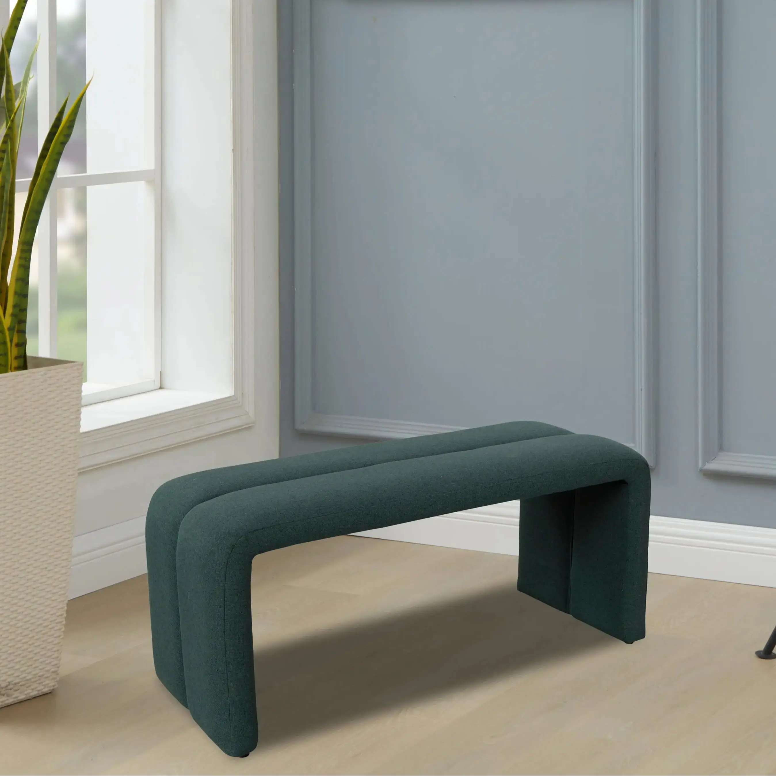 Ottoman Bench Set,Modern Upholstered Bench Including Four Benches,Deep Green U-Shape Ottoman & White Mushroom-like Ottoman image 3