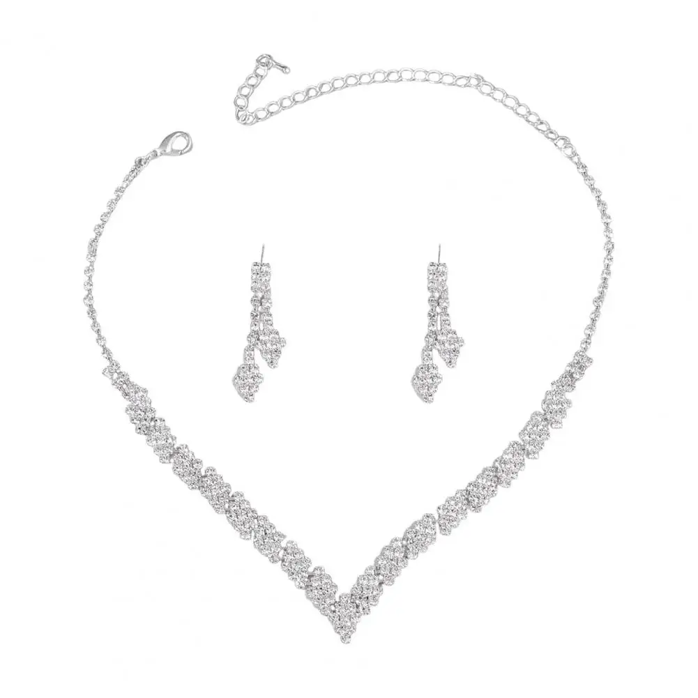 Rhinestone Jewelry Set Elegant Rhinestone Necklace Earrings Set with Tassel Accents V-shaped Neck Jewelry for Women for Bride