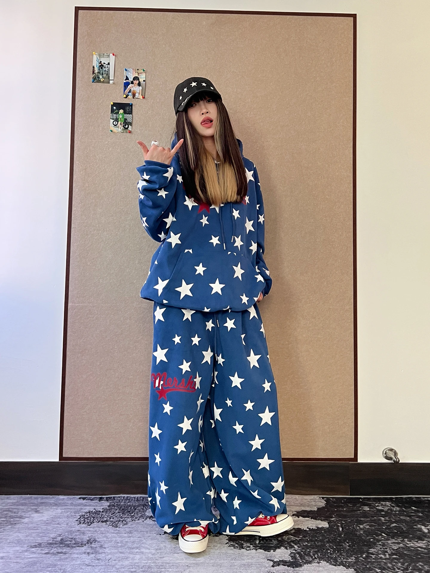 

Американский повседневный комплект: худи с принтом Lazy Sle Star и свободные брюки с широкими штанинами, дышащий хлопок, для весны и осени