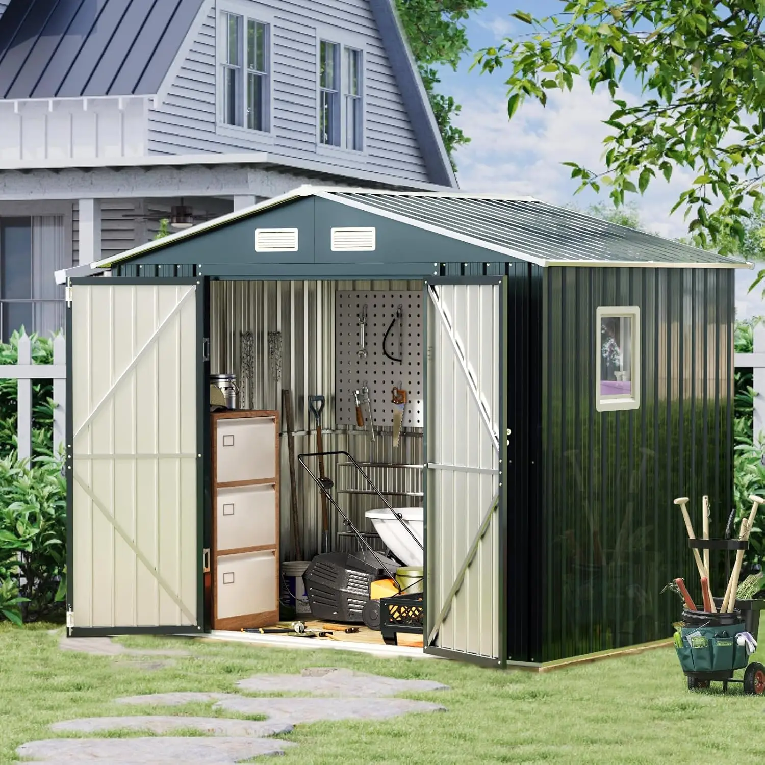 

8x6FT Steel Outdoor Storage Shed with Clear Window, Lockable Doors,Weather-Resistant Tool Shed for Garden Backyard Patio Utility