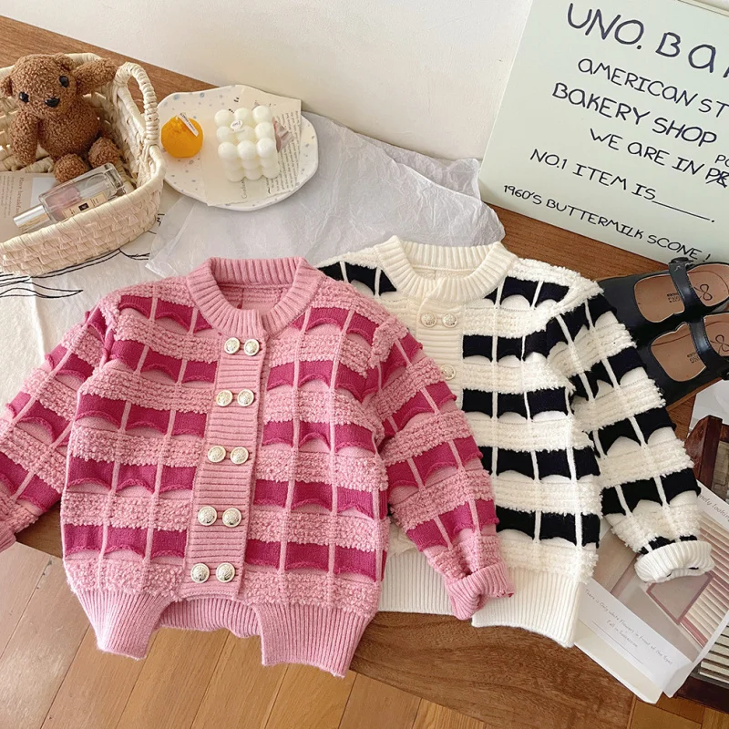 

Children's Clothing2024Autumn and Winter New Girls' Western Style Striped Double-Breasted Knitted Cardigan Sweater Coat