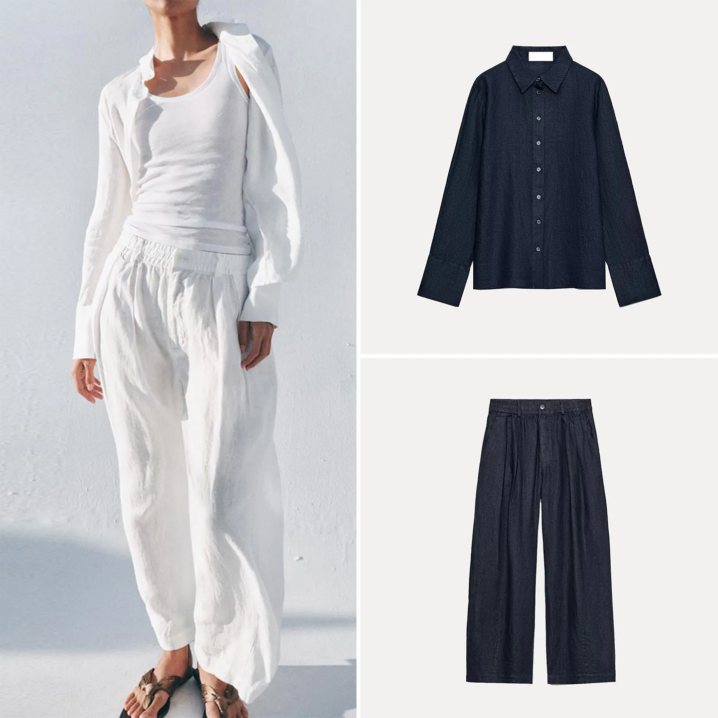 Women's Long Sleeve Collared Casual Shirt High Waist Trousers Fashion Set Spring Season Chinese Brand Zadata Button up Pure C...