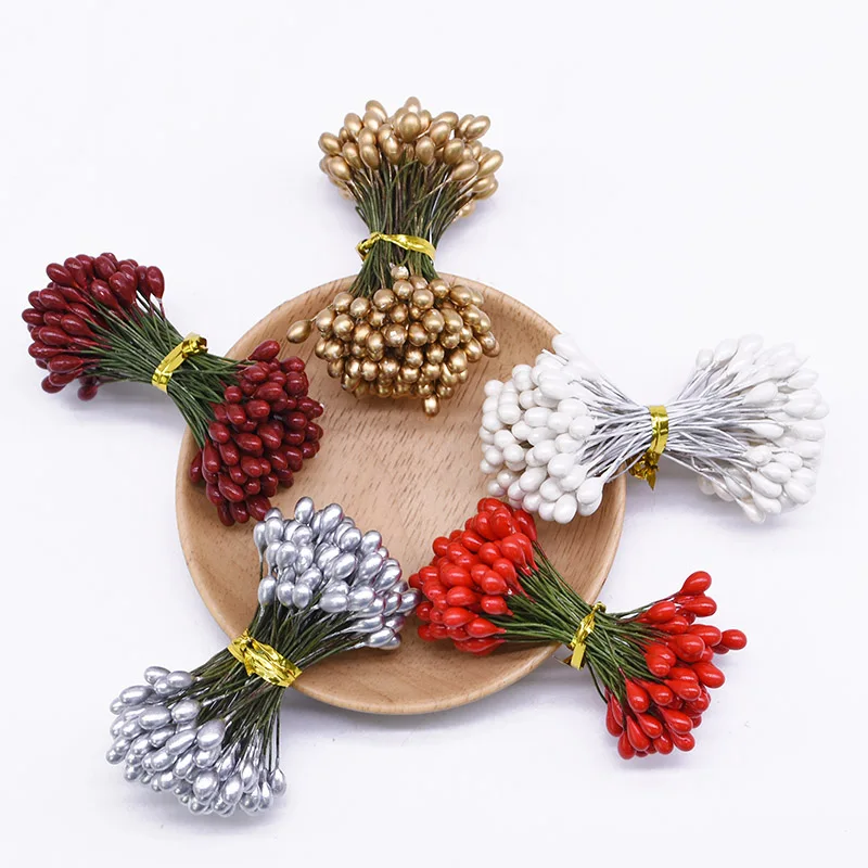 50/100pcs Artificial Flower Stamen Berries Bundle Gold Silver Double Heads Cherry Stamen DIY Christmas Wedding Wreath Decoration