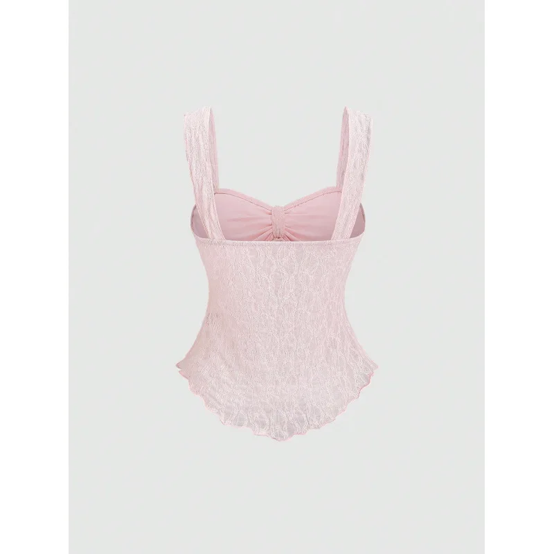 French soft pure aesthetic women cropped camisole solid lace jacquard fabric bow ornament waist cinched versatile sleeveless inn