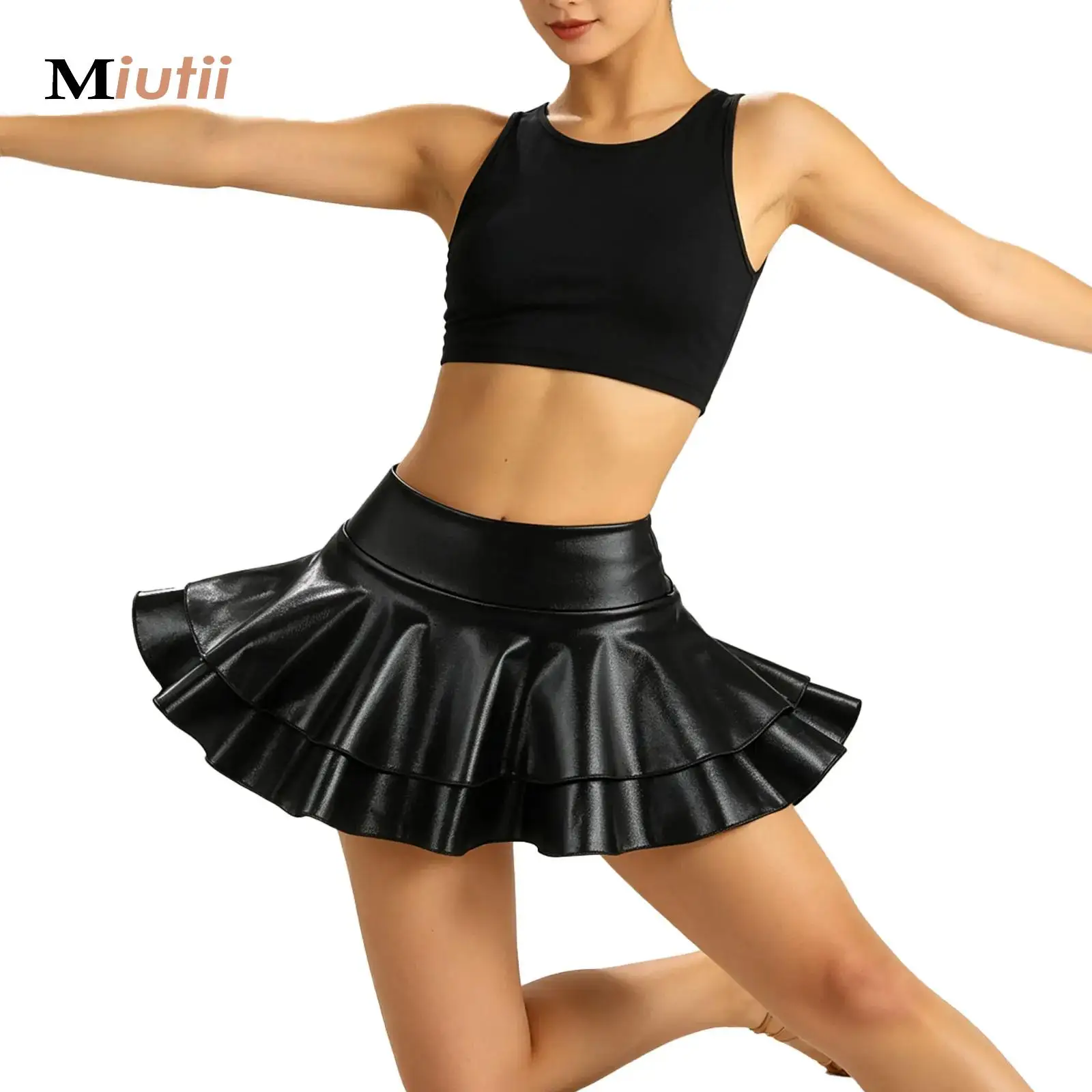 Mini Pleated Skirts for Women Metallic Skirt Fashion Low Rise Double Layered Ruffled Summer Skirt Girls A-Line Miniskirt