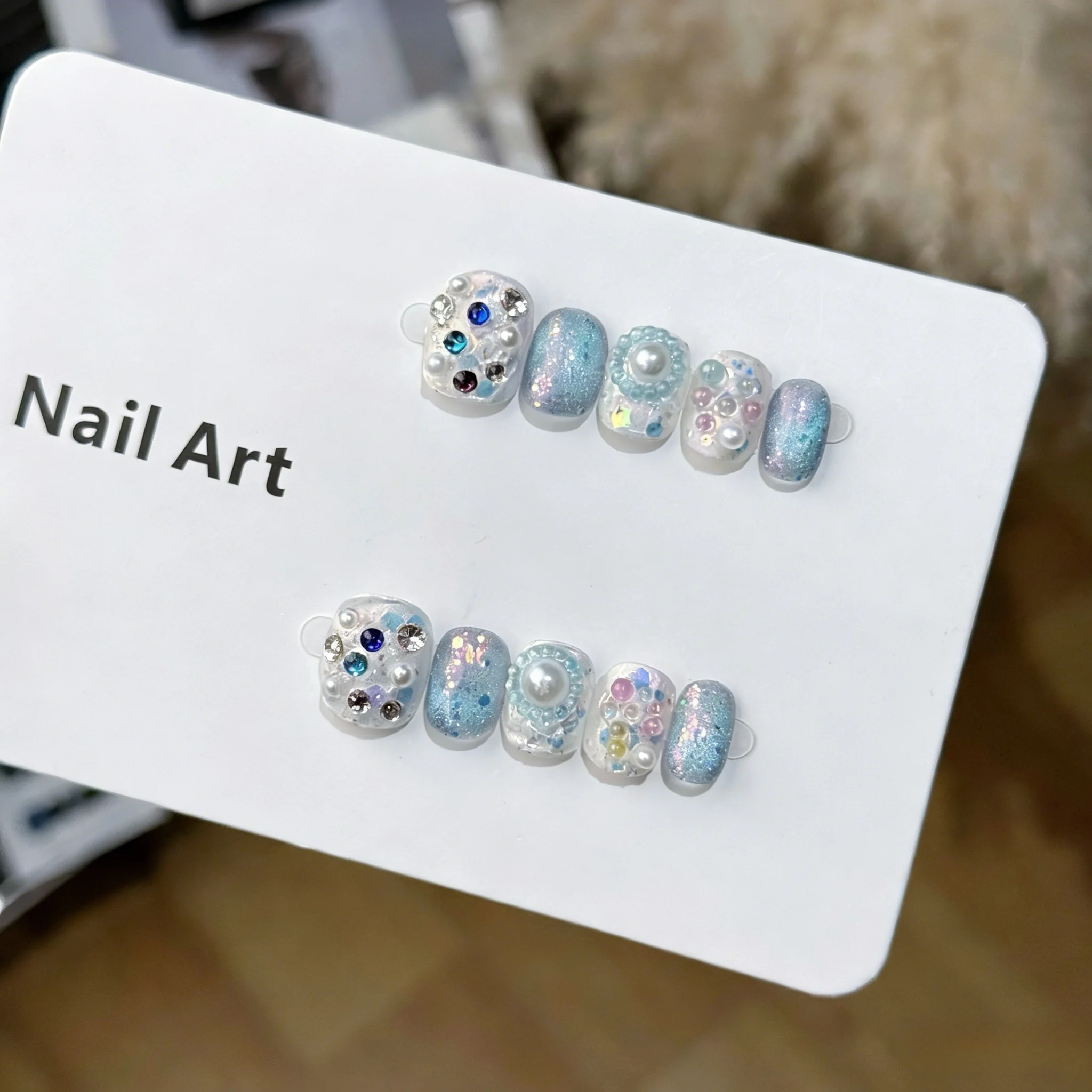 

10pcs Light Blue Glitter Handmade Nails Sweet 3D Pearl Rhinestone Press on Nail Short Square False Nail for Women&Girl Fake Nail