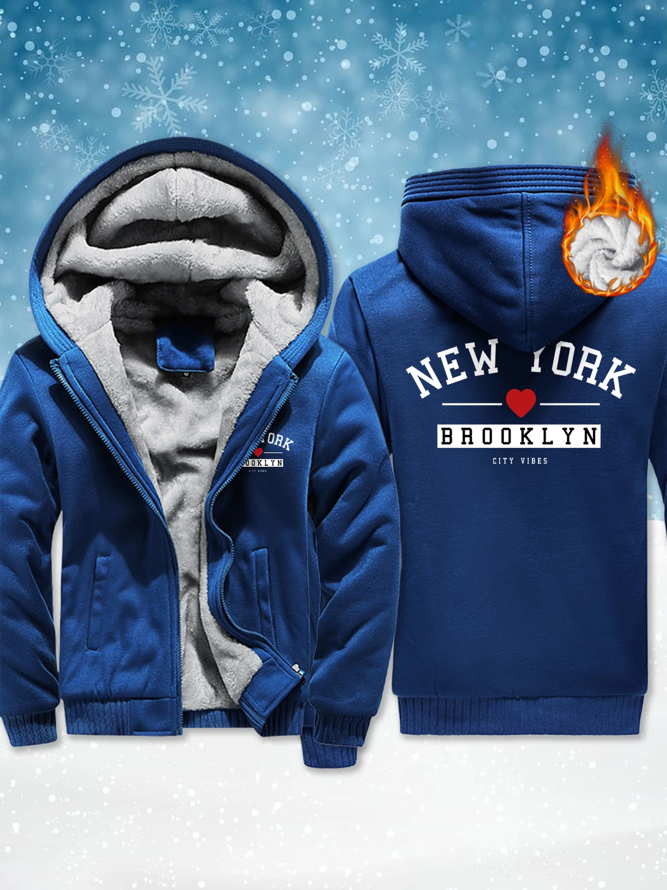 

Brooklyn New York City Vibes Printed Oversize Men Soft Fleece Jacket Thicken Warm Hoody Winter Comfy Outwear Zip-Up Pocket Veste