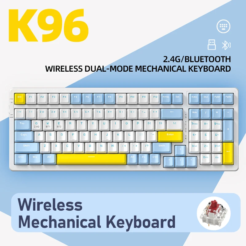 Ziyoulang K96 Wireless Mechanical Keyboard,100keys Red Switch Keypad for Laptop Computer 98layout hot swap BT5.0 2.4G Bluetooth