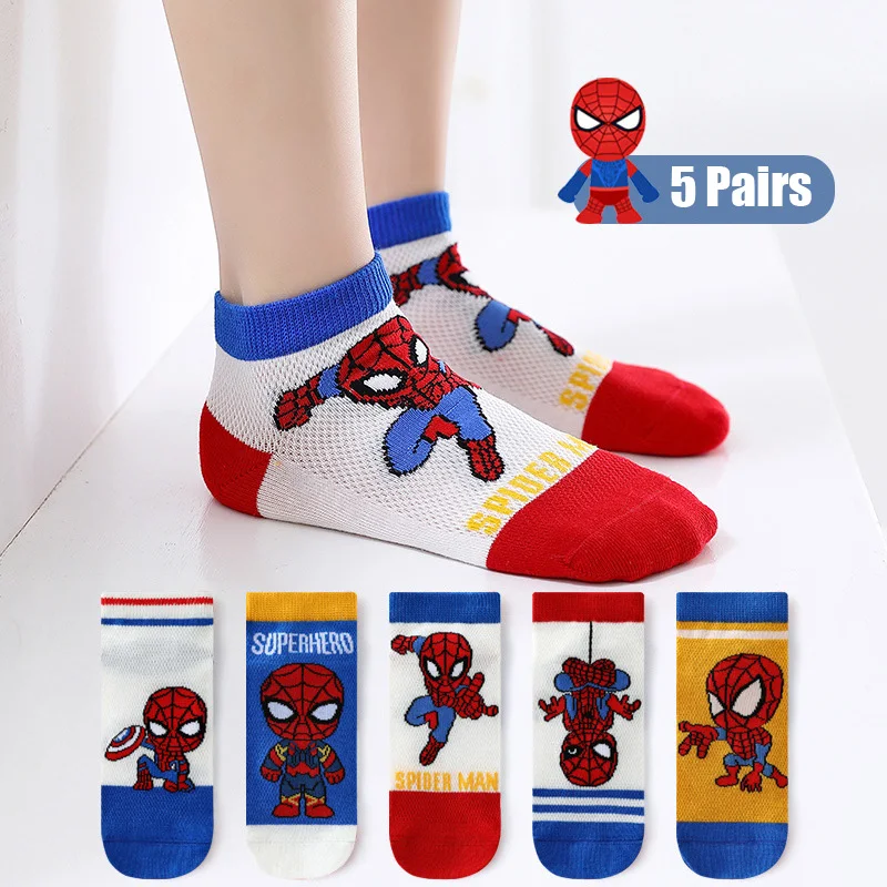 5 Pairs Cartoon Marvel Spiderman Kids Socks Cotton Summer Mesh Breathable Children socks Baby boys short socks 1-12 Years