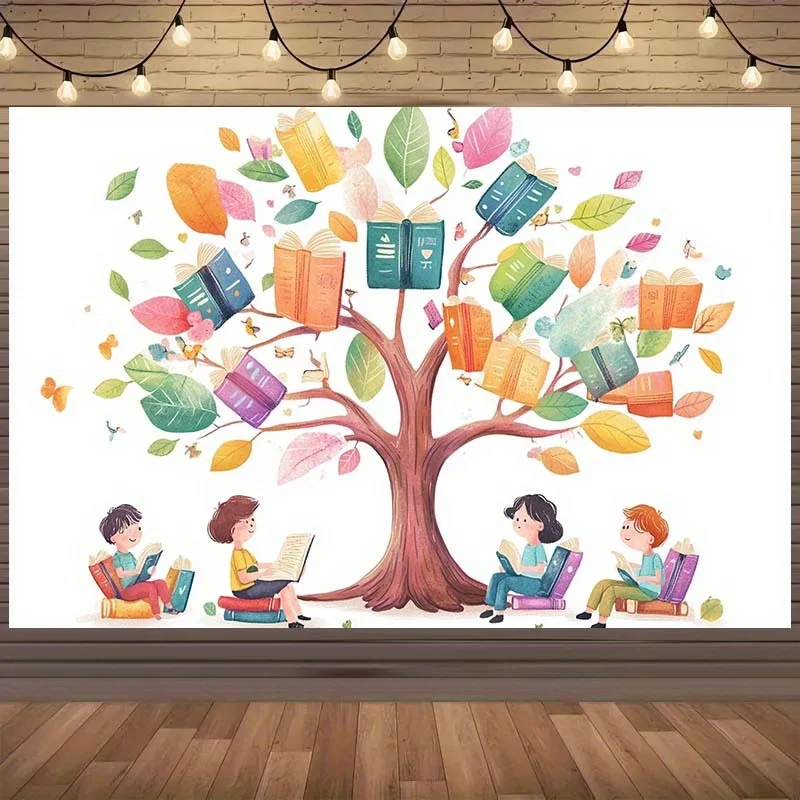 Bookshelf Tree Tapestry, Colorful Leaves and Books Design, Educational Wall Art for Library, Classroom and Reading Corner Decor