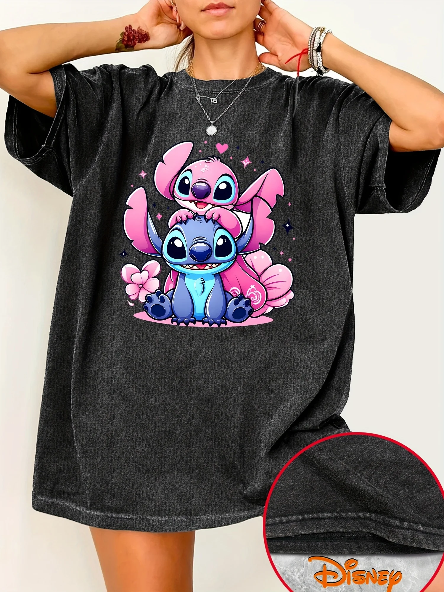 

Женская повседневная футболка с мультяшным принтом Disney Stitch & Lilo — свободная летняя удобная футболка с круглым вырезом и короткими рукавами