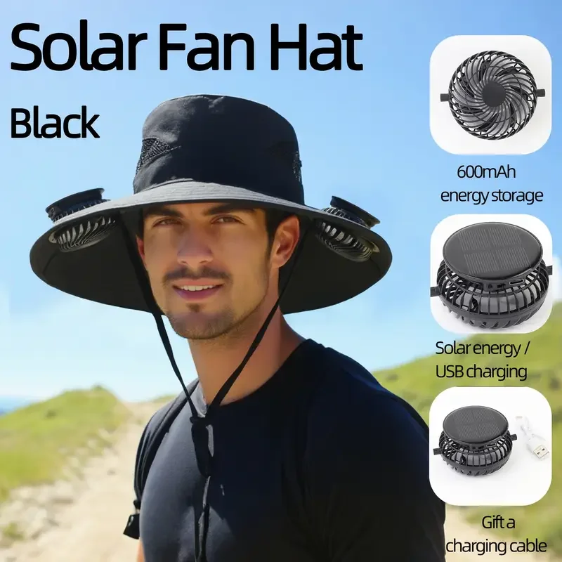 Quick Dry Men Sun Hat with Solar Powered Fan Large Size USB Rechargeable Outdoor Cap for Hiking Camping Fishing UV Protection
