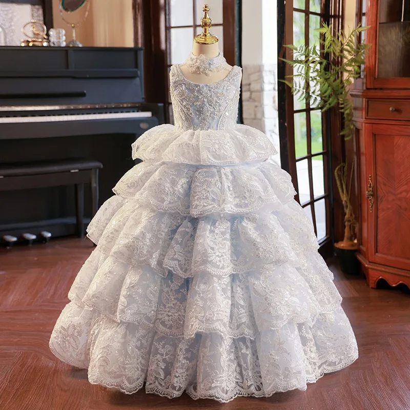 2024 Solid Lace Cake Party Dresses for Girls Sleeveless Kid Girl Princess Dress Sequins Round Neck First Communion Evening Gown