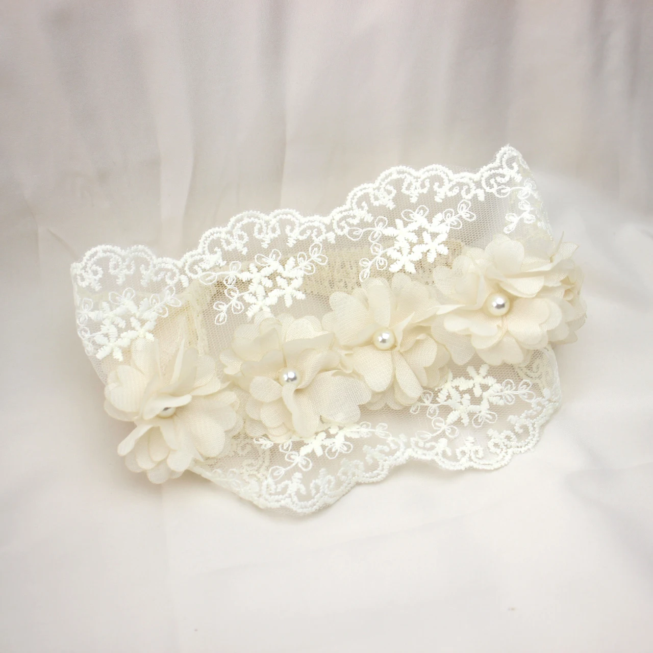 Baby Lace Pearl Headband Beige Chiffon Flower Hollow Printed Elastic Headbands Little Princess Hair Accessories Kids Headwear