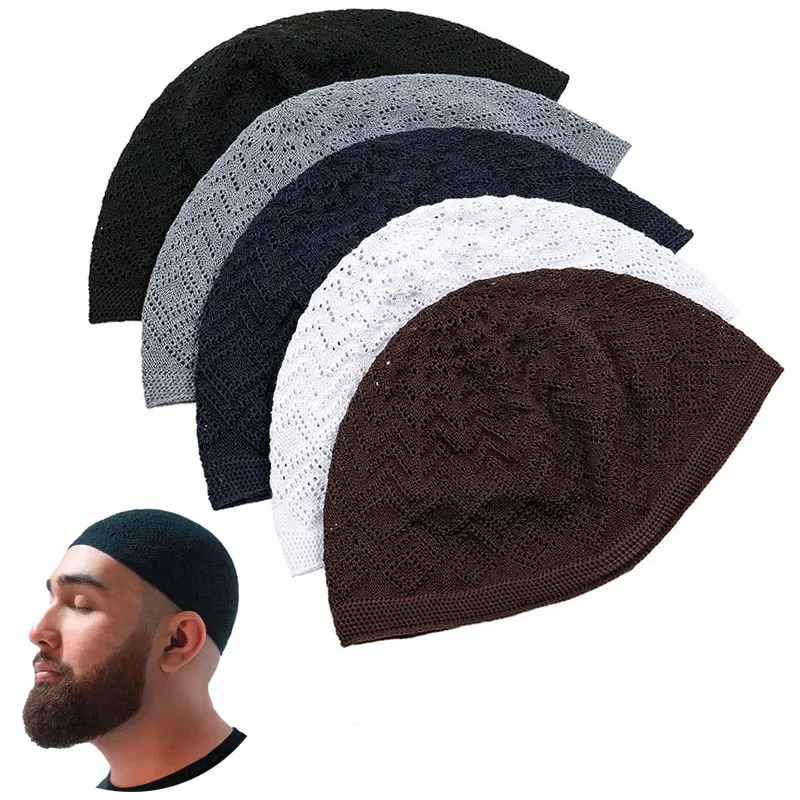 

Men's Muslim Prayer Hats Solid Color Knitted Beanie Caps Hollow Breathable Unisex Pullover Cap Islam Jewish India Religious Hat