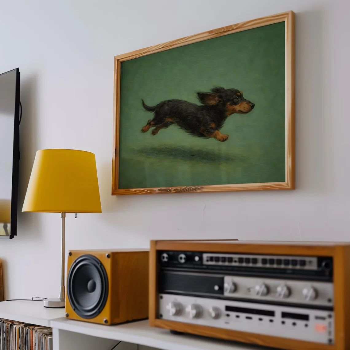 Classic Oil Painting Style Dachshund Wall Print Decor - Timeless Illustration of a Energetic Black-and-Tan Dachshund Mid-Leap, W