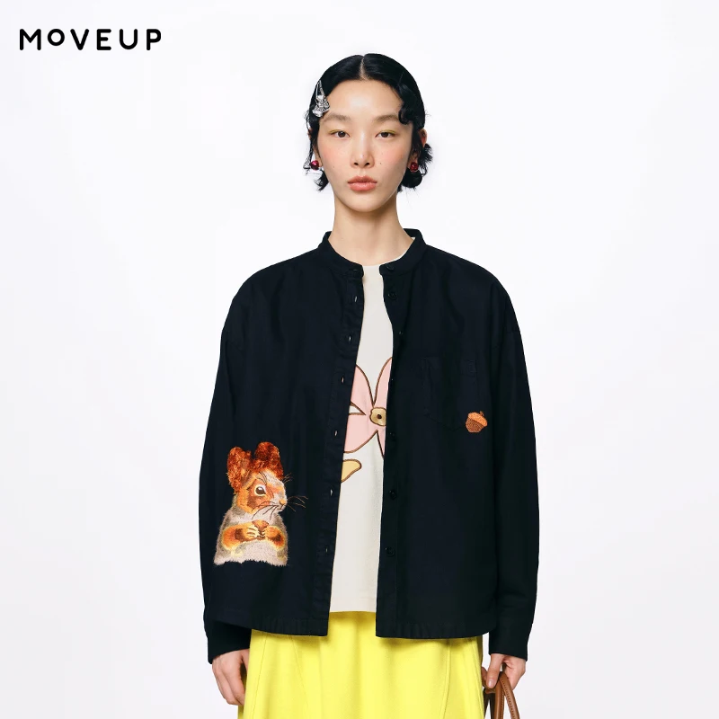 

MOVEUP Long Sleeved Stand Up Collar Shirt Autumn Pure Cotton Squirrel Embroidered Pocket Drop Sleeves Shirt For Women 3EWQ20493