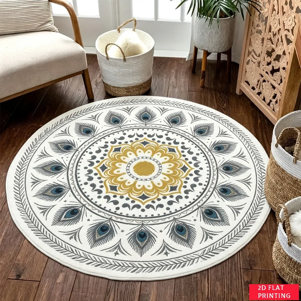 Elegant White Gold Mandala Geometric Border Round Carpet For Boho Living Room Featuring Luxe Pattern Carpet Grace