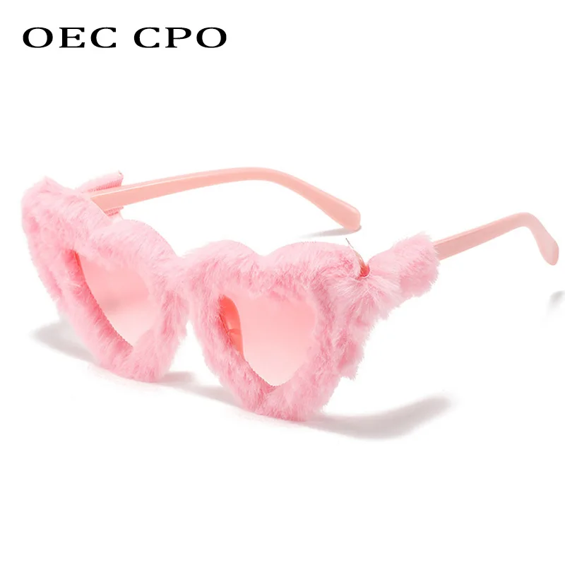 OEC CPO Sexy Heart Shaped Soft Fur Velvet Sunglasses Women Fashion Personality Handmade Sun Glasses Female UV400 Shades Eyewear