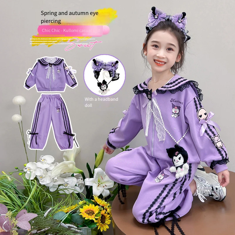 Kuromi Child Suit Sanrios Girl Spring Autumn New Anime Figure Long Sleeves Kawaii Cartoon Fashion Two Piece Set Child Clothing