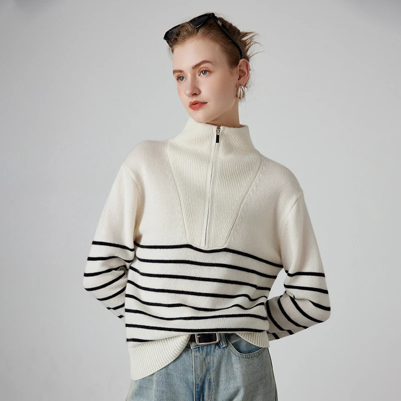 High-End 2023 Autumn Winter Women\'s Thicken Loose 100% Pure Cashmere Sweater Female Stripe Knitted Pullover Girl Clothes Tops