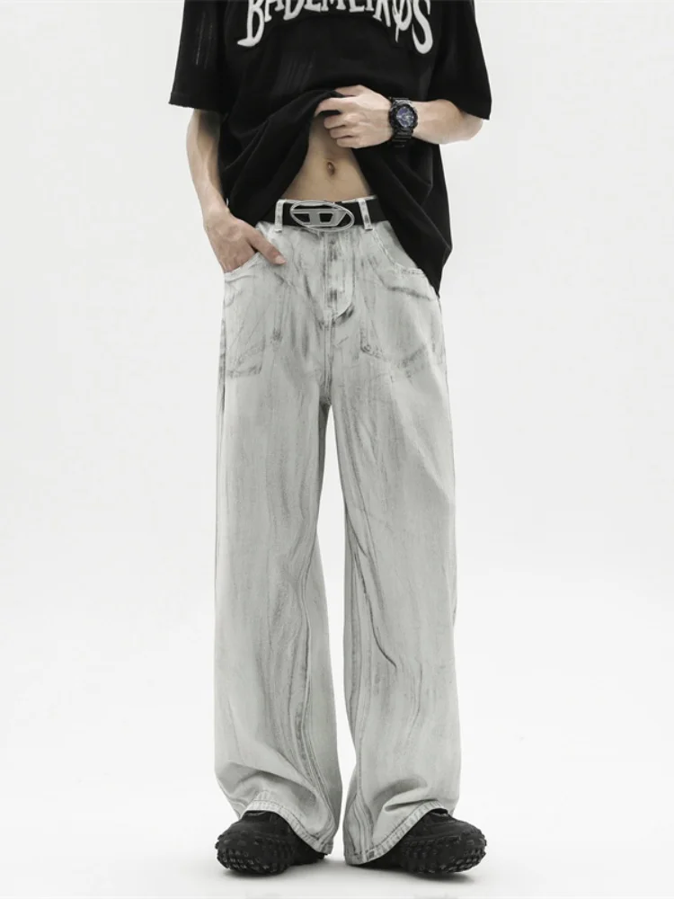 

American Sle Men's Jeans High Street Thin Loose Wide Leg Micro Flared Long Pants Trendy Straight Casual Trousers Autumn