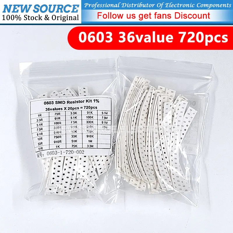 720PCS Set of Resistors 0603 SMD Assorted Kit 1R-10M Ohm 1% 1608 Resistance Sample Resistor 36values X 20pcs 1K 10R 330R Stock