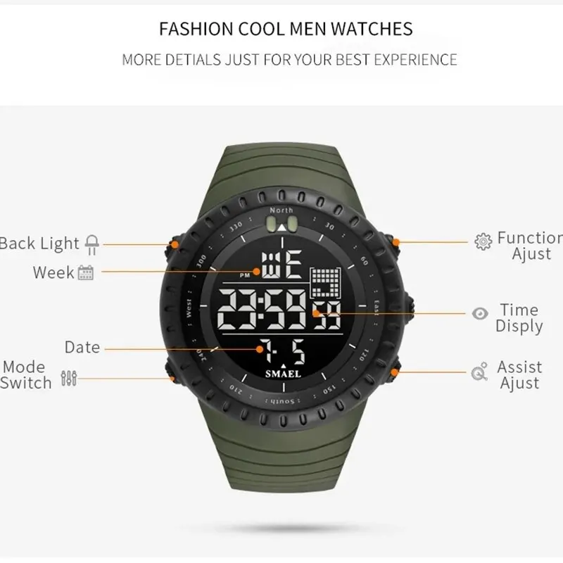 SMAEL Brand Men Electronics Watch Outdoor Sports Waterproof Big Dial Digital LED Alarm Digital-watch 1237 Sport Watch