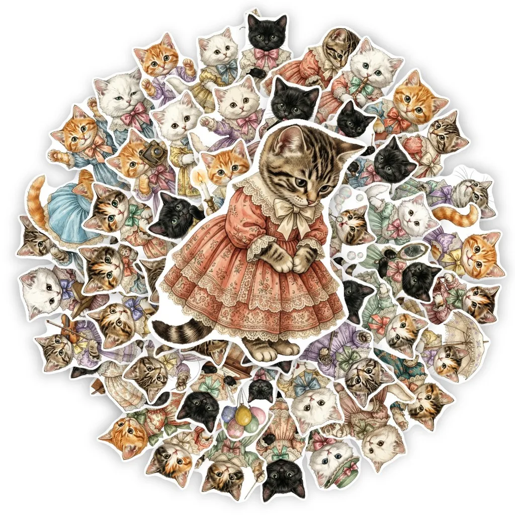 50Pcs Retro European Court Cat Stickers, Hand‑painted Watercolor Kitten in Lolita Dress Decals for Journal Collage & DIY