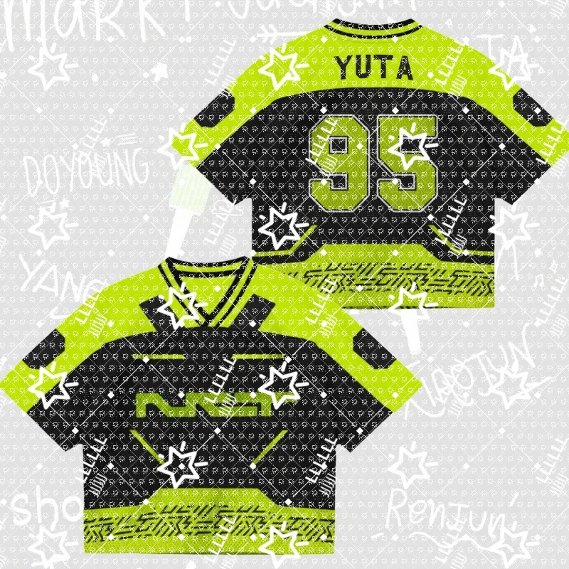 Women K-Pop Cropped Football Jersey Black Neon Lime Geometric Print Number 95 V-Neck Short Sleeve Crop Top Streetwear