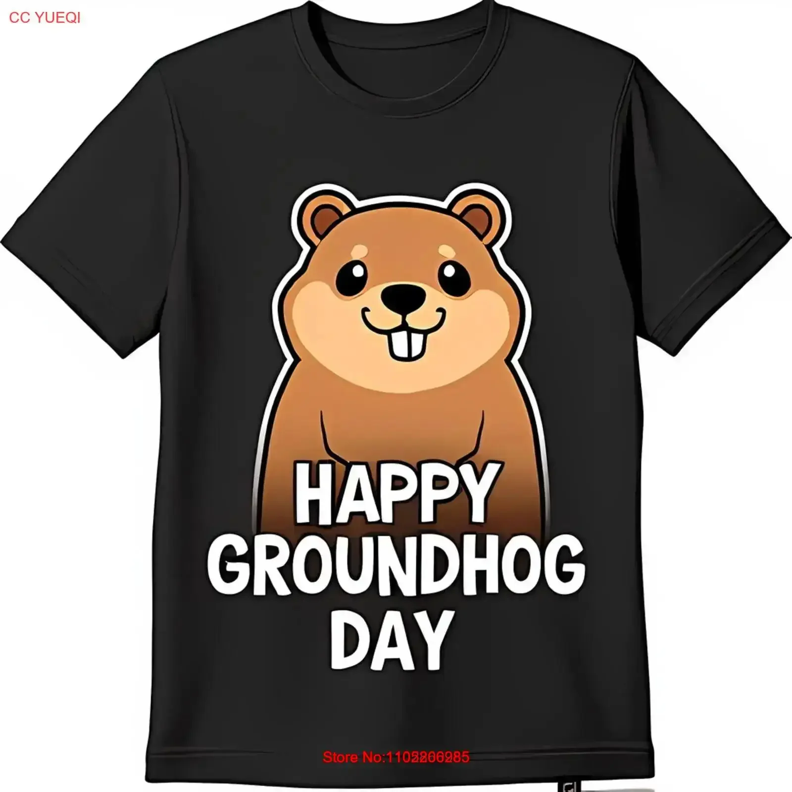 Feliz día de la marmota camiseta negra con lindos dibujos animados vintage lavado estirado ropa de diseñador elegante streetwear Casual