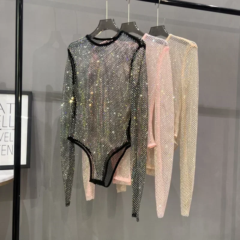 Sexy Mesh Hollowed Out Jumpsuit T-shirt Rhinestone Round Neck Tight See-through One-piece Bottoming Shirt Ms