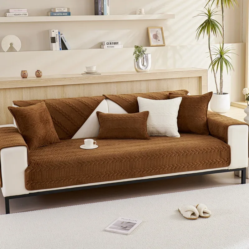 Winter Super Soft Embroidered Wheat Chain Sofa Cover Furniture Seat Cover Solid Color Thick Plush Sofa Covers for Living Room