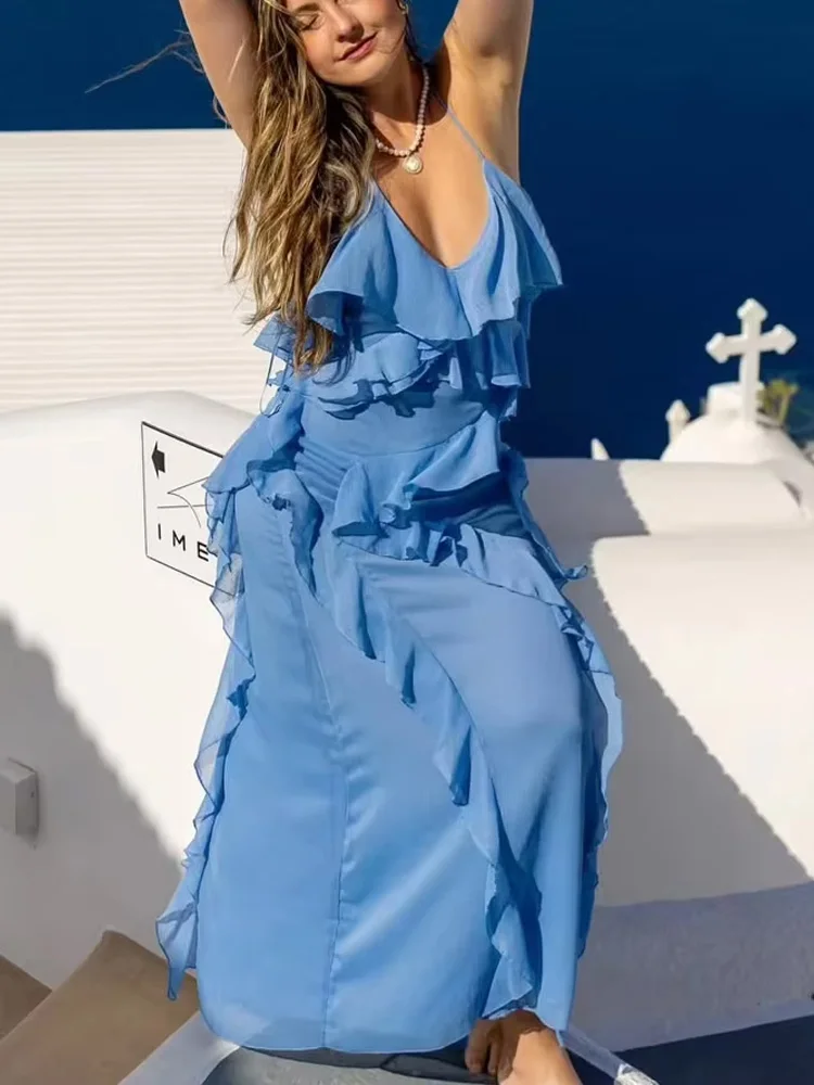 HH Vestido feminino estilo férias de verão com decote em V em camadas assimétrico feminino elegante sexy sem costas alça bainha fenda vestido midi