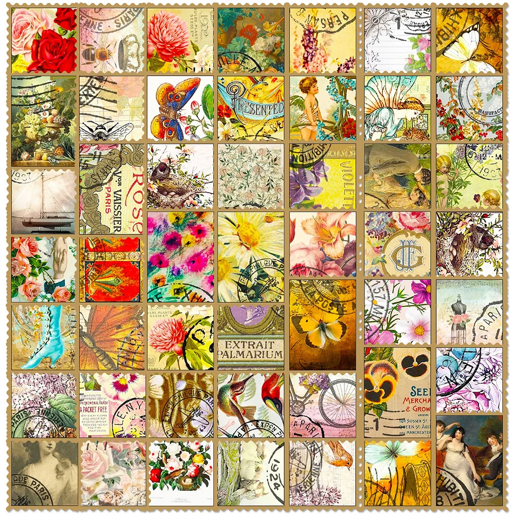 

10/30/50pcs Vintage Flower Butterfly Stamp Waterproof Stickers Art Retro Decals Laptop Notebook Guitar Phone Decoration Sticker