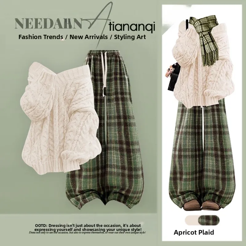 

Korean Sle Lazy Faion Knitted Sweater High Waist Slimming Plaid Casual Pants Two Piece Set Comfortable Breathable Autumn ...