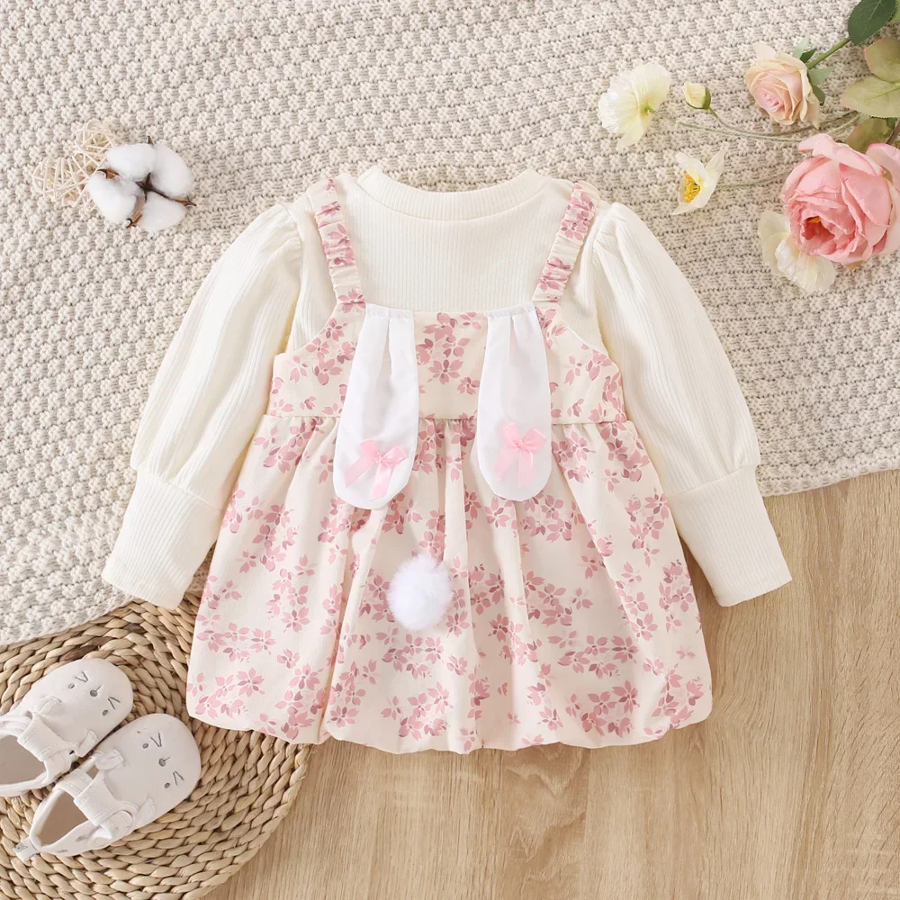 Winter New Girls\' Dress Two-piece Bunny Ears Fluffy Tail Long Sleeve Knitwear Floral Dress (0-3 Years)